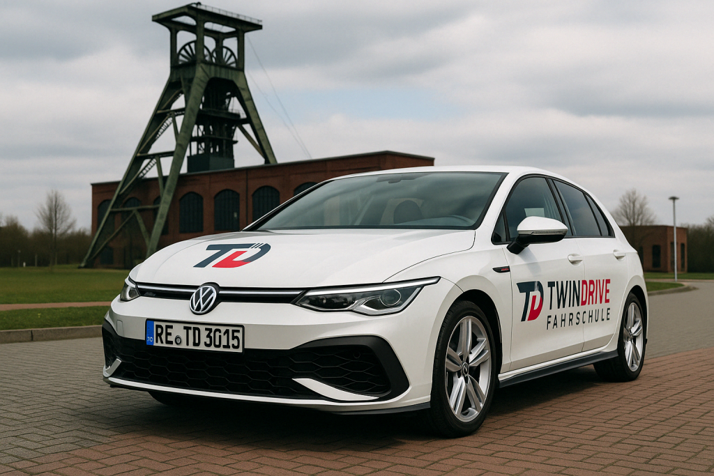 Twin Drive Fahrschulauto vor der Zeche Ewald in Herten – modernes Fahrschuldesign, Autoführerschein B und B197